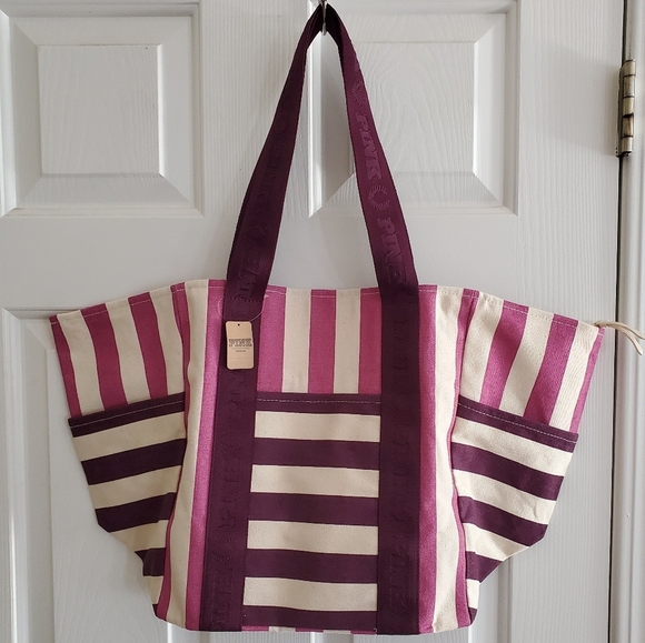 NWT Victoria's Secret Pink Striped Carry On Large Canvas Zipper Beach Tote - Picture 4 of 11